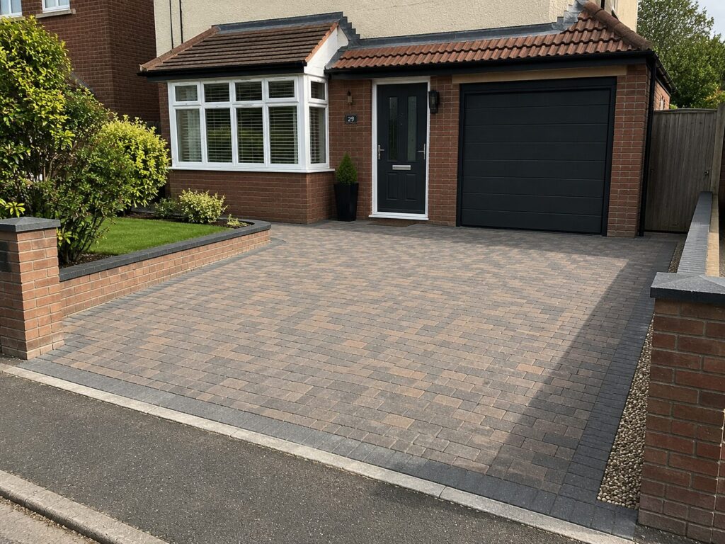 Modern block paving driveway installation outside a residential property in South Wales with decorative edging and front garden landscaping.