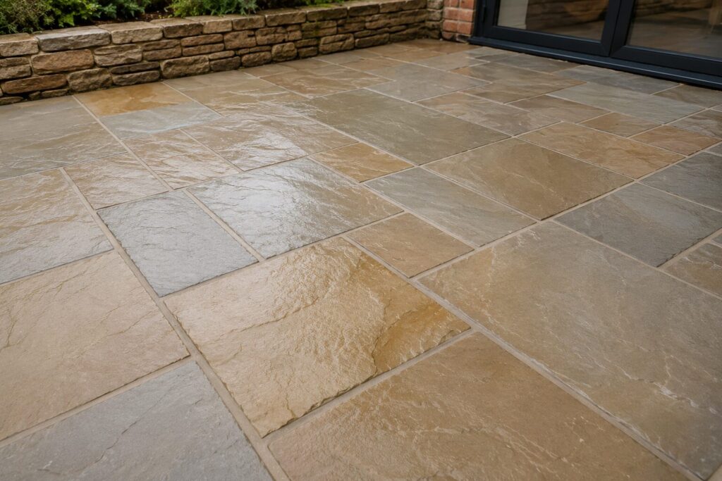 Close-up of a professionally installed natural stone patio with textured paving slabs and clean grout joints in a South Wales garden.
