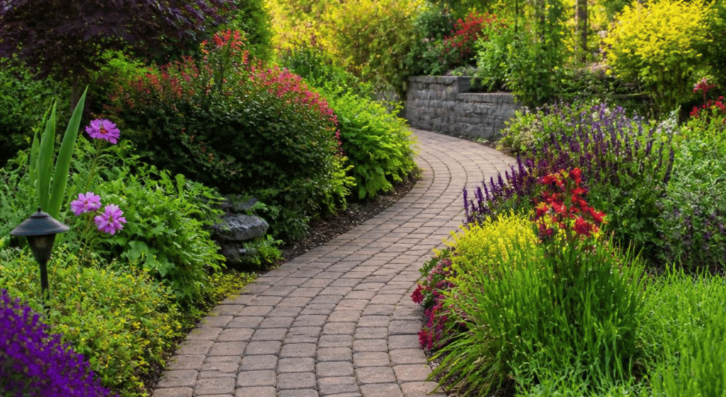 Newly laid block paving garden path in a South Wales garden.