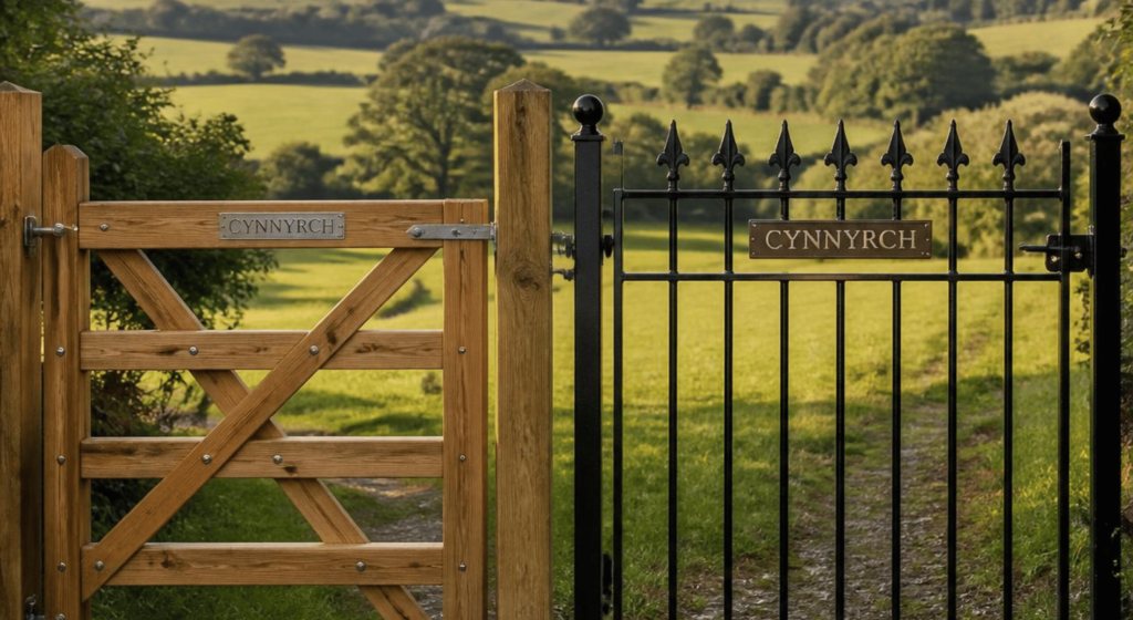 Side-by-side wooden and metal garden gate installed in South Wales.