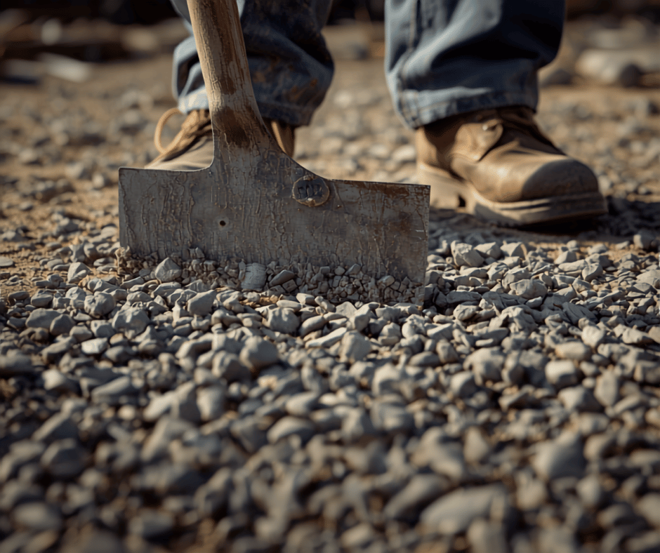 Close-up of a compacted stone sub-base being laid and levelled for a driveway, rake and tradesman's boots in frame, construction site, photorealistic